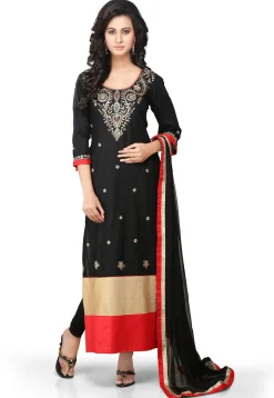 Embroidered Cotton Straight Cut Suit in Black
