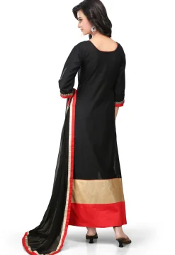 Embroidered Cotton Straight Cut Suit in Black