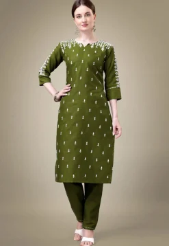 Embroidered Cotton Straight Kurta Set in Green