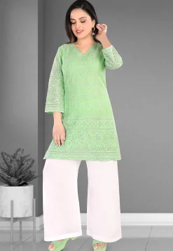 Embroidered Cotton Straight Kurta Set in Light Green