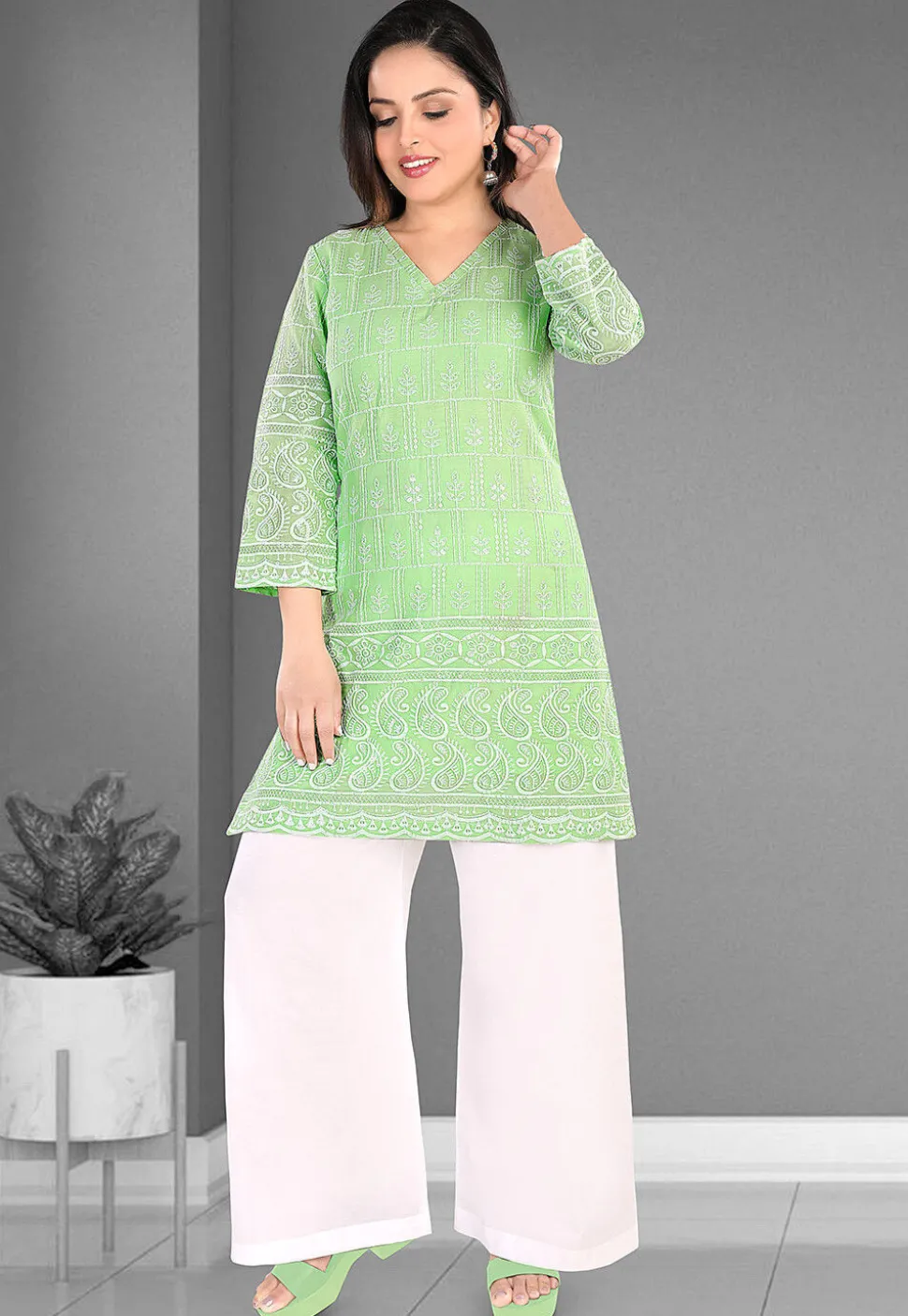Embroidered Cotton Straight Kurta Set in Light Green