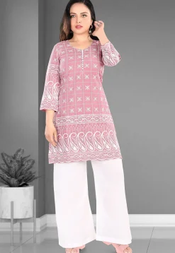 Embroidered Cotton Straight Kurta Set in Pink