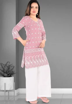Embroidered Cotton Straight Kurta Set in Pink