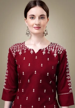 Embroidered Cotton Straight Kurta Set in Maroon