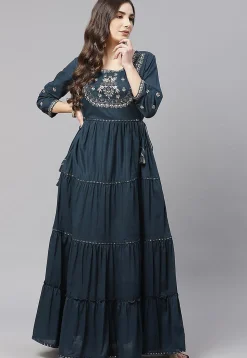 Embroidered Cotton Tiered Maxi Dress in Dark Teal Blue