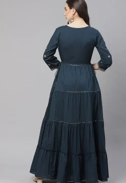 Embroidered Cotton Tiered Maxi Dress in Dark Teal Blue