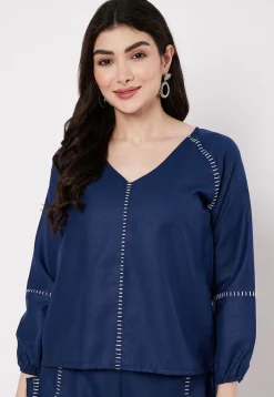 Embroidered Cotton Top in Navy Blue