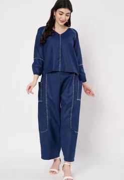 Embroidered Cotton Top in Navy Blue