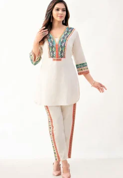 Embroidered Cotton Tunic Set in Off White
