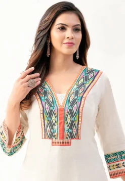 Embroidered Cotton Tunic Set in Off White