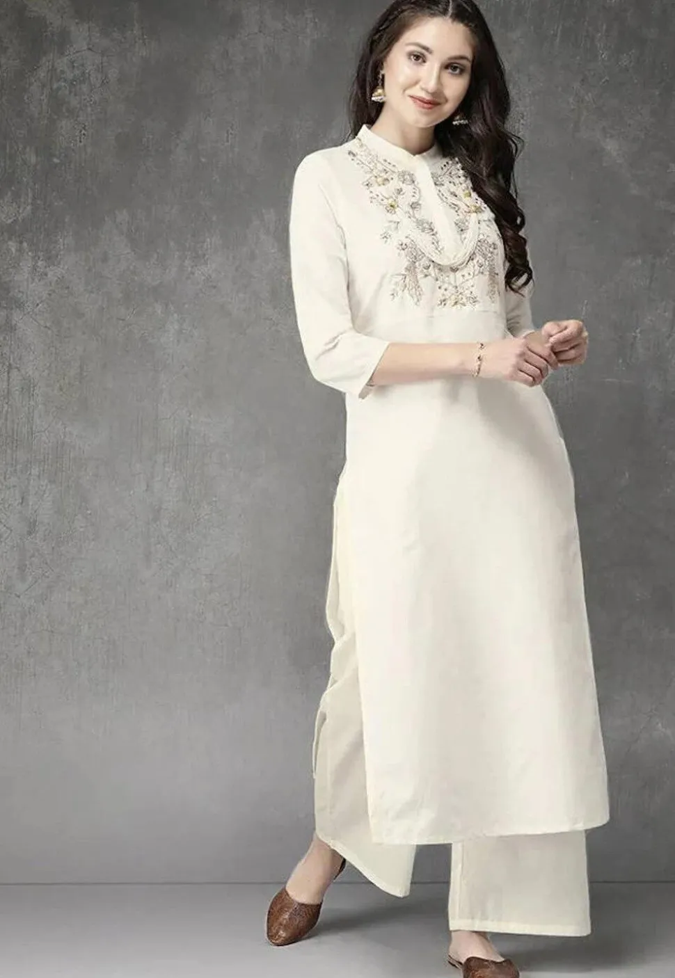 Embroidered Cotton Viscose Pakistani Suit in Off White