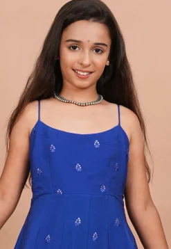 Embroidered Crepe A Line Kurta in Royal Blue
