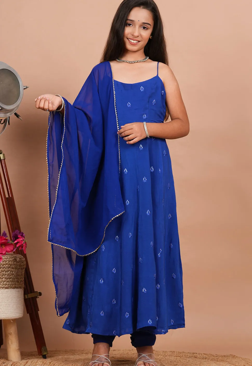 Embroidered Crepe A Line Suit in Royal Blue