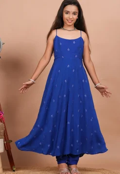 Embroidered Crepe A Line Suit in Royal Blue