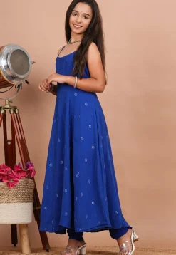 Embroidered Crepe A Line Suit in Royal Blue
