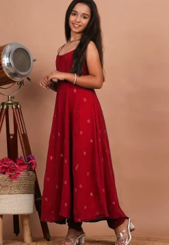 Embroidered Crepe Anarkali Kurta Set in Maroon