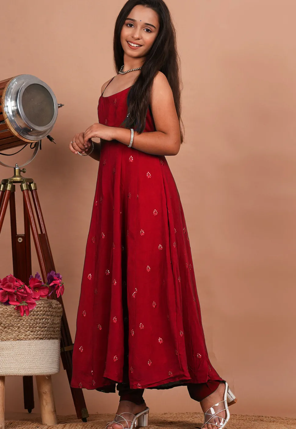 Embroidered Crepe Anarkali Kurta Set in Maroon