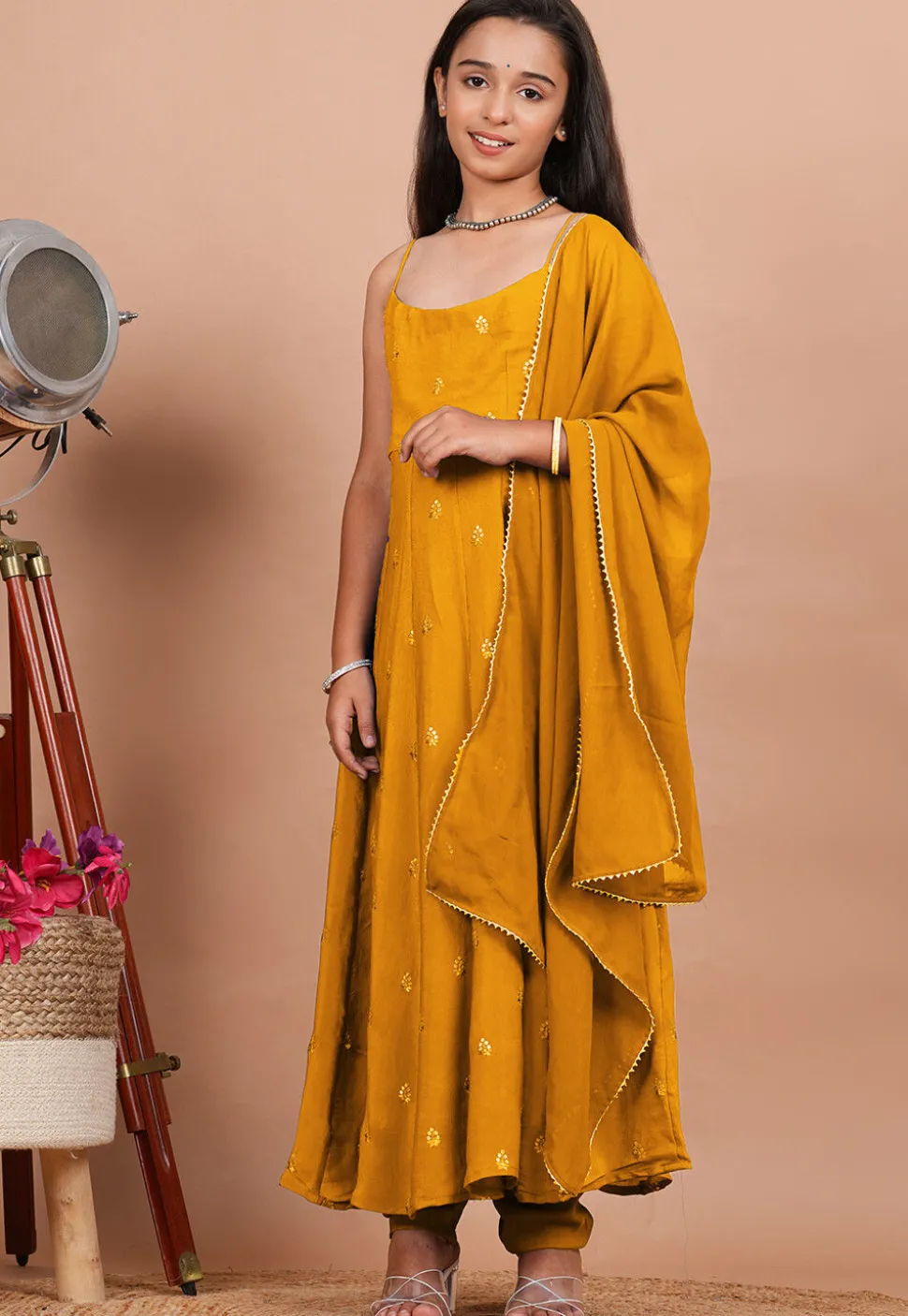 Embroidered Crepe Anarkali Suit in Mustard