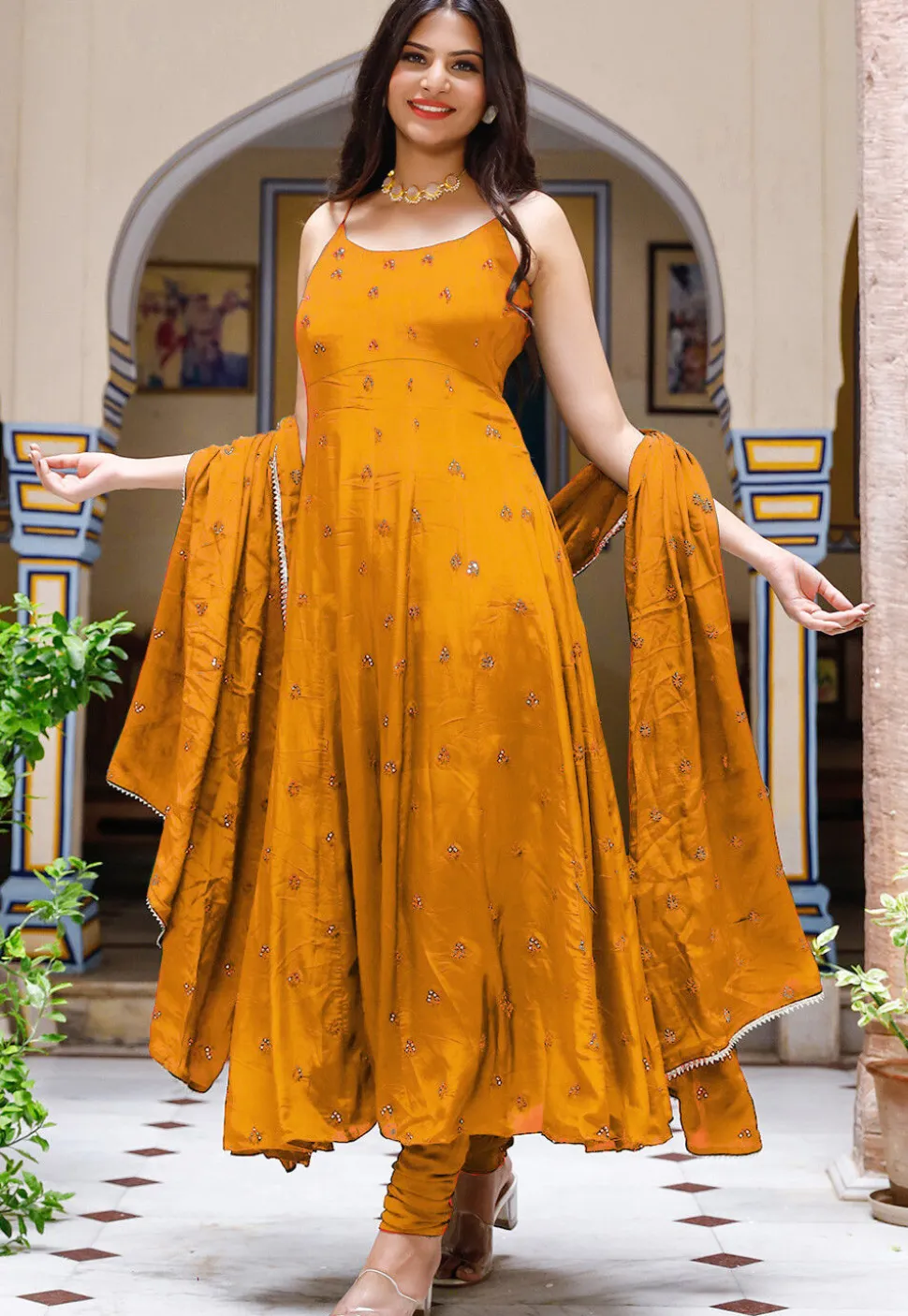 Embroidered Crepe Anarkali Suit in Mustard