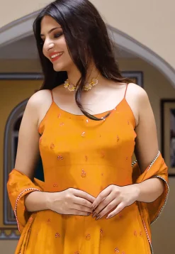 Embroidered Crepe Anarkali Suit in Mustard