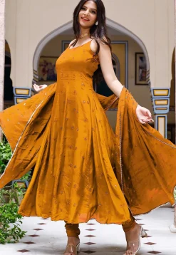 Embroidered Crepe Anarkali Suit in Mustard