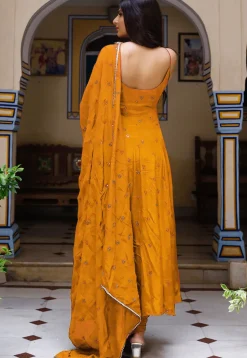Embroidered Crepe Anarkali Suit in Mustard