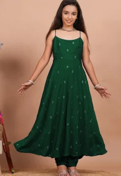 Embroidered Crepe Anarkali Kurta Set in Dark Green