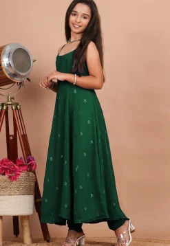 Embroidered Crepe Anarkali Kurta Set in Dark Green