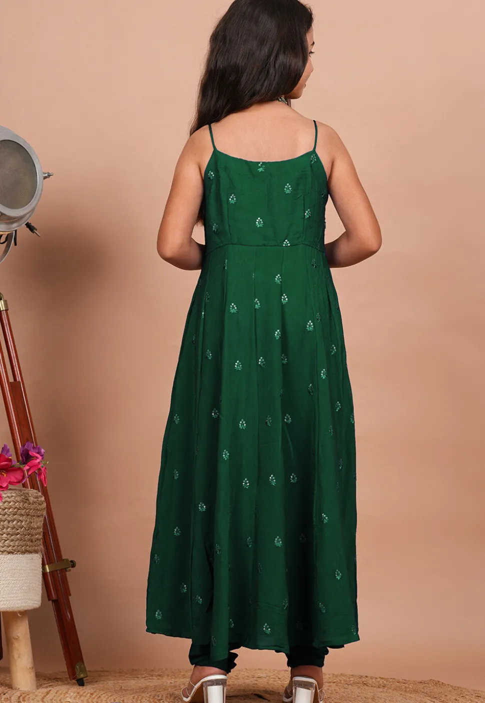Embroidered Crepe Anarkali Kurta Set in Dark Green