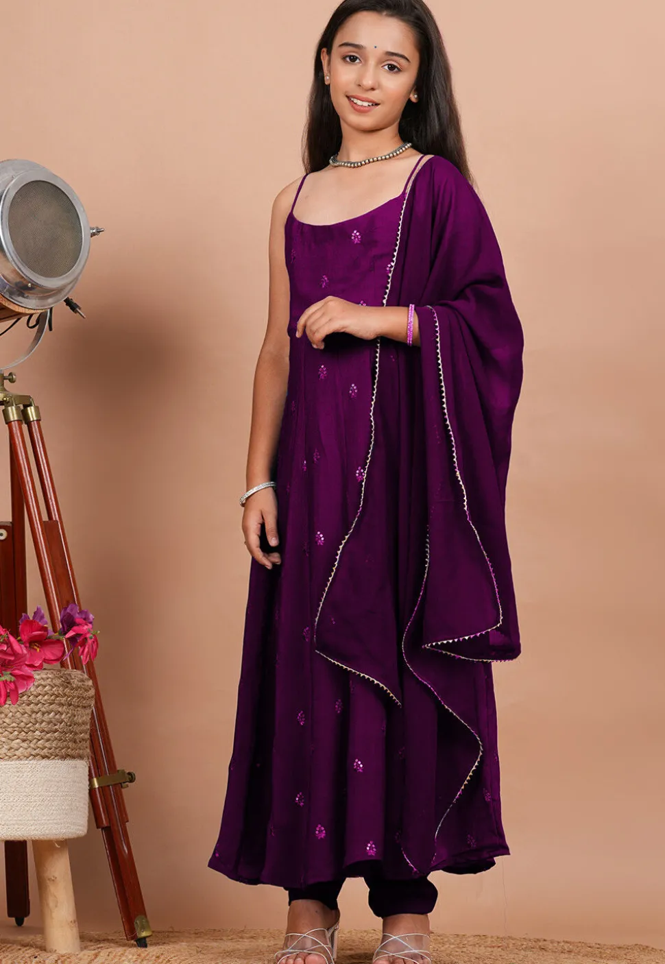 Embroidered Crepe Anarkali Suit in Purple
