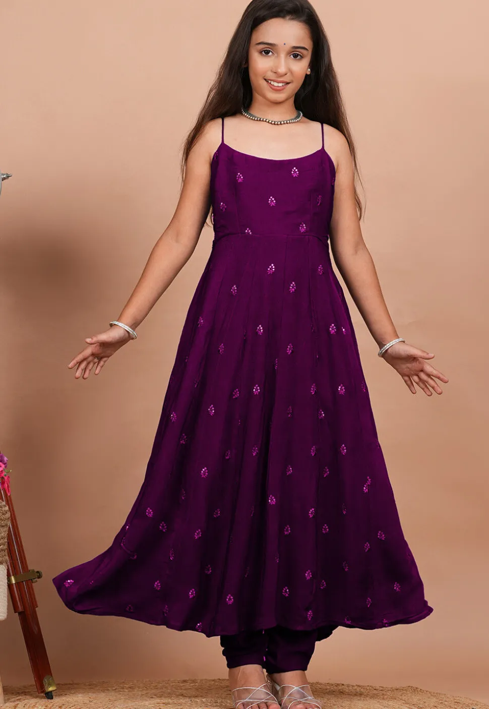 Embroidered Crepe Anarkali Suit in Purple