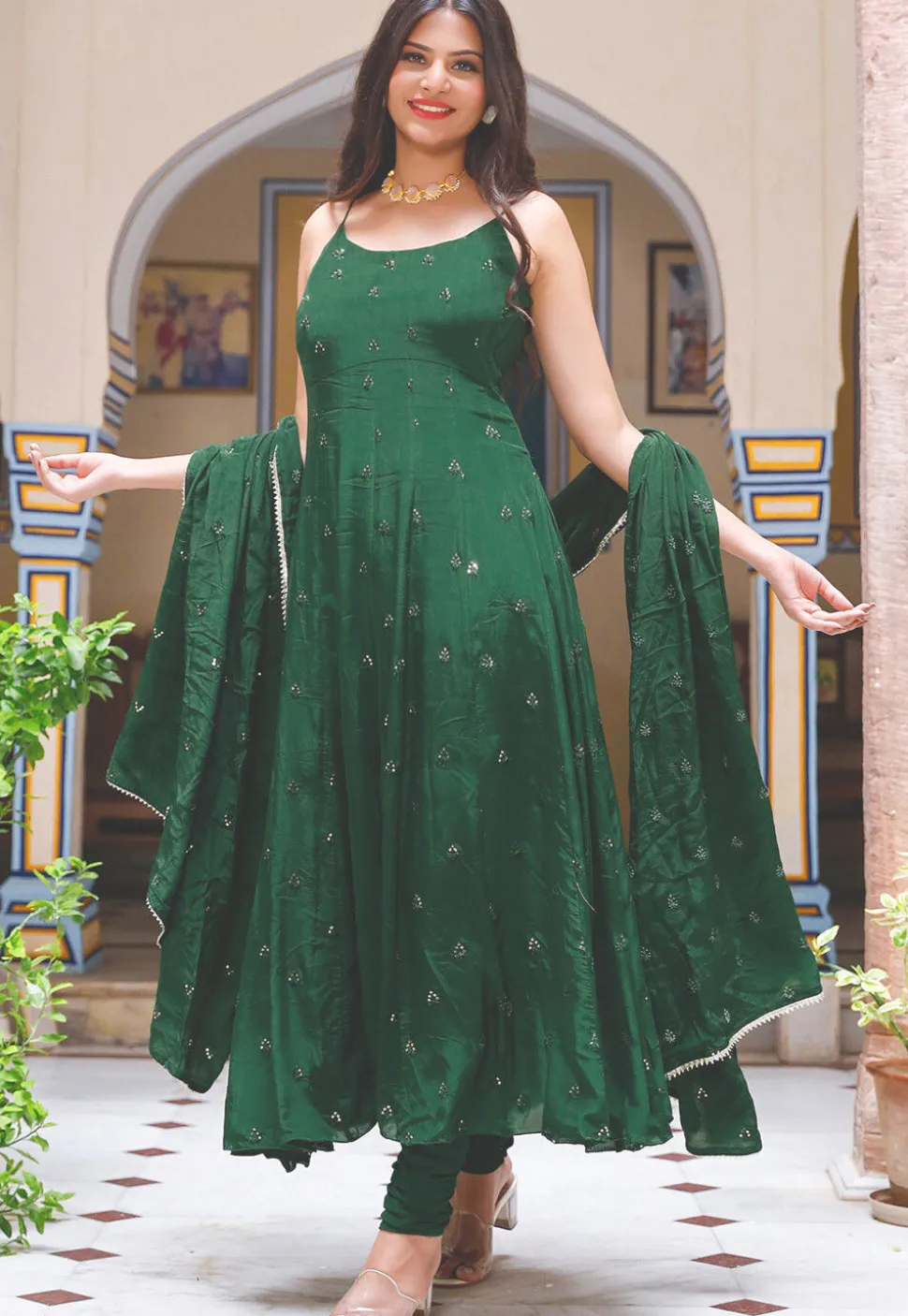 Embroidered Crepe Anarkali Suit in Dark Green