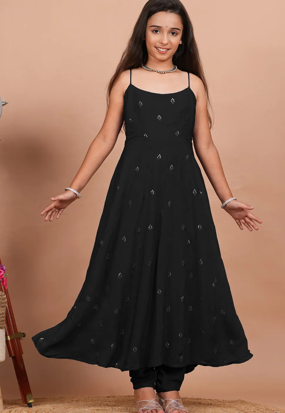 Embroidered Crepe Anarkali Suit in Black