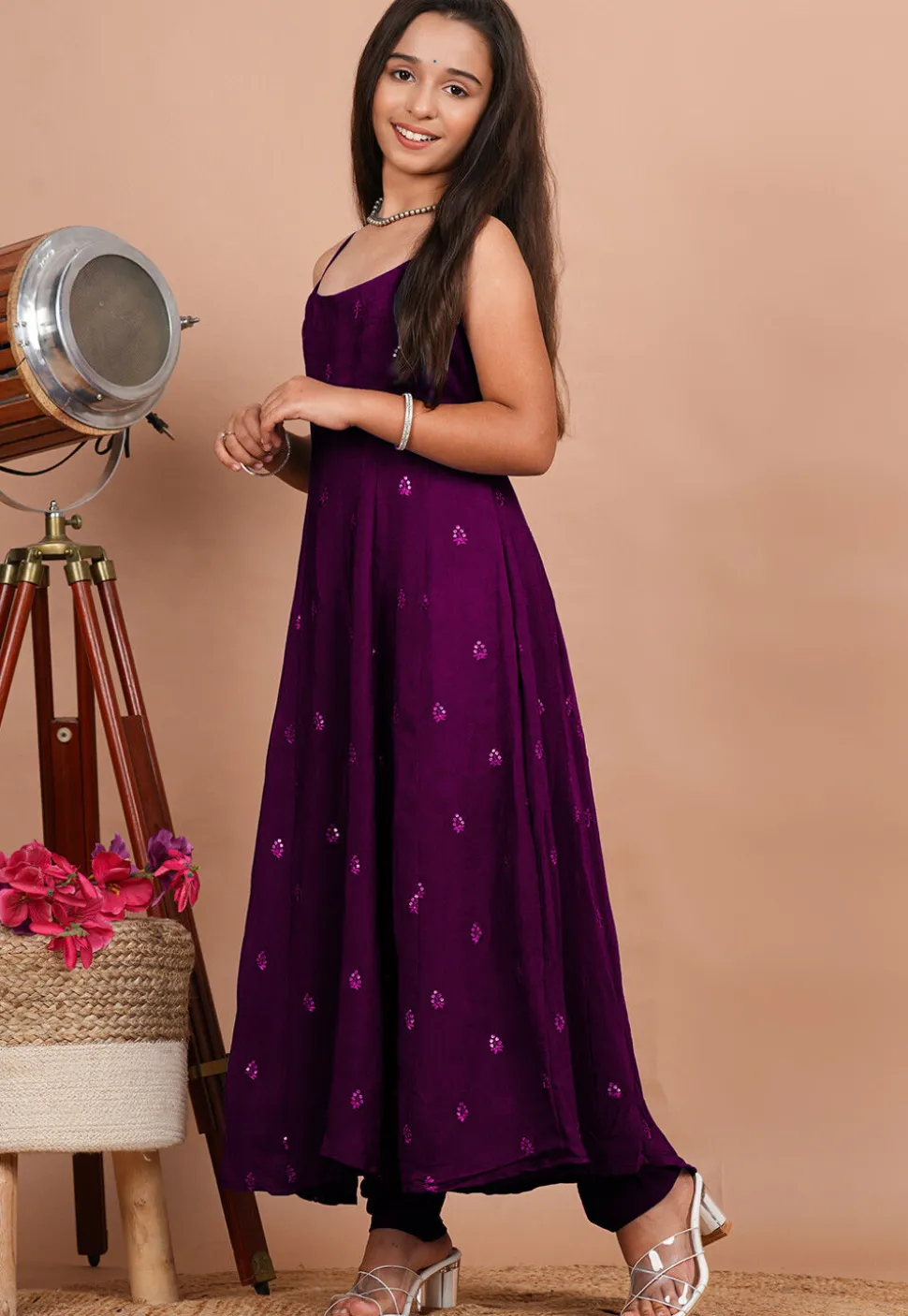 Embroidered Crepe Anarkali Kurta Set in Purple