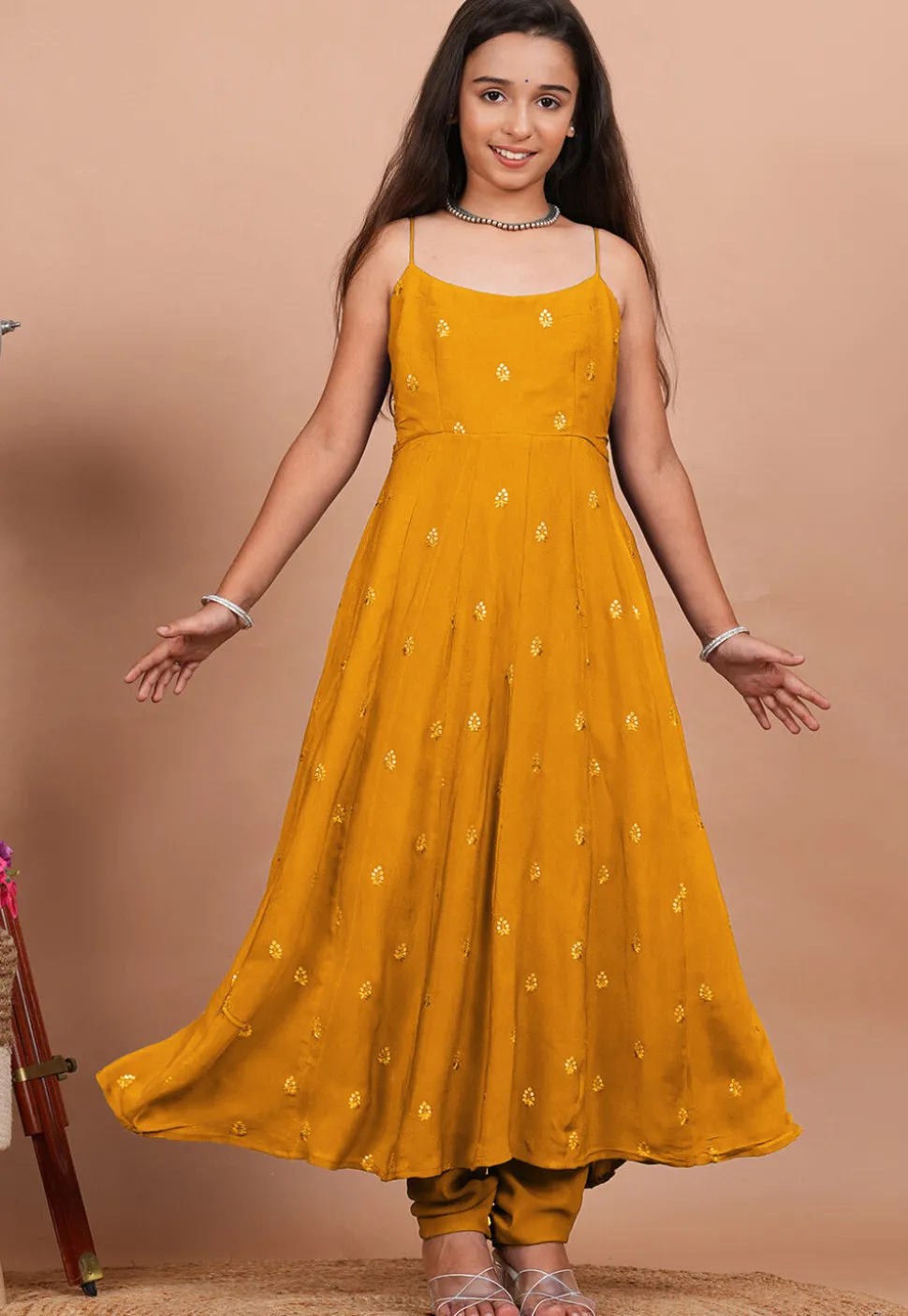 Embroidered Crepe Anarkali Kurta Set in Mustard