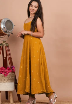 Embroidered Crepe Anarkali Kurta Set in Mustard