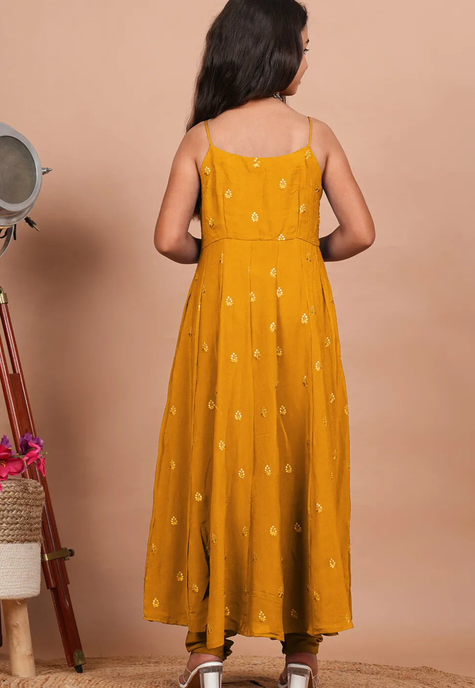 Embroidered Crepe Anarkali Kurta Set in Mustard