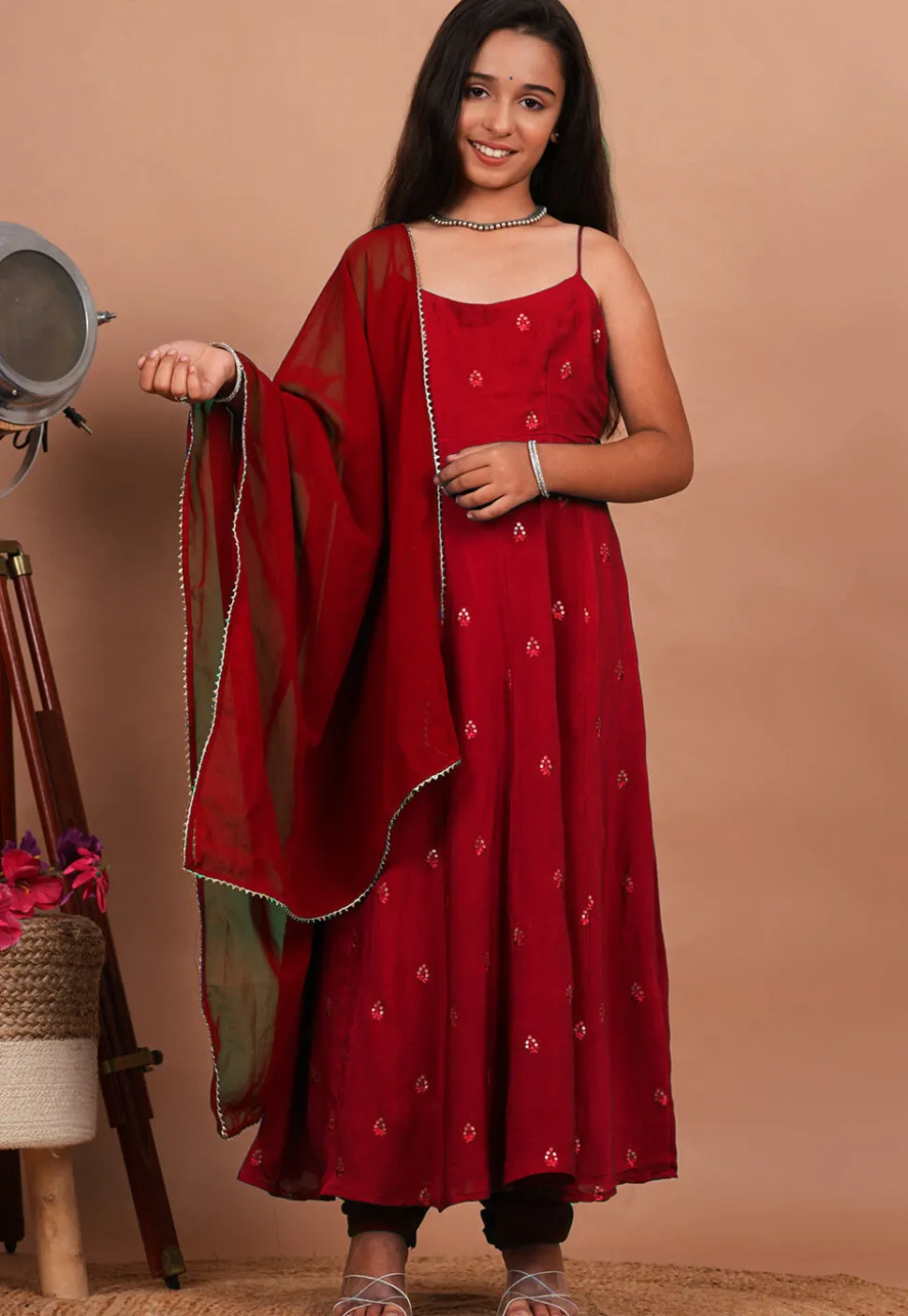 Embroidered Crepe Anarkali Suit in Maroon