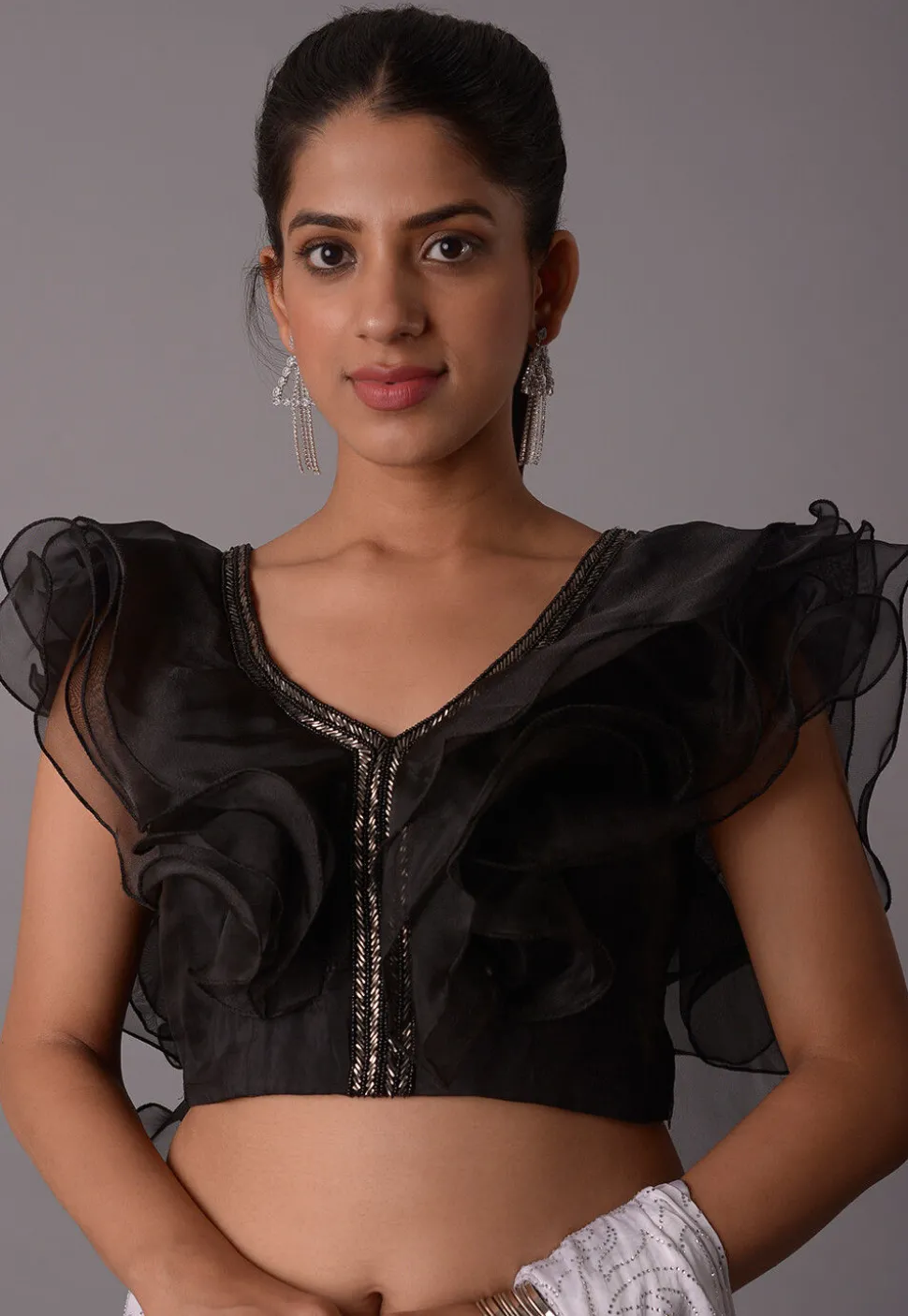 Embroidered Crepe and Organza Blouse in Black