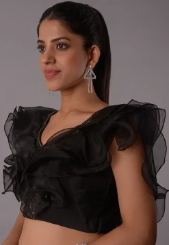 Embroidered Crepe and Organza Blouse in Black