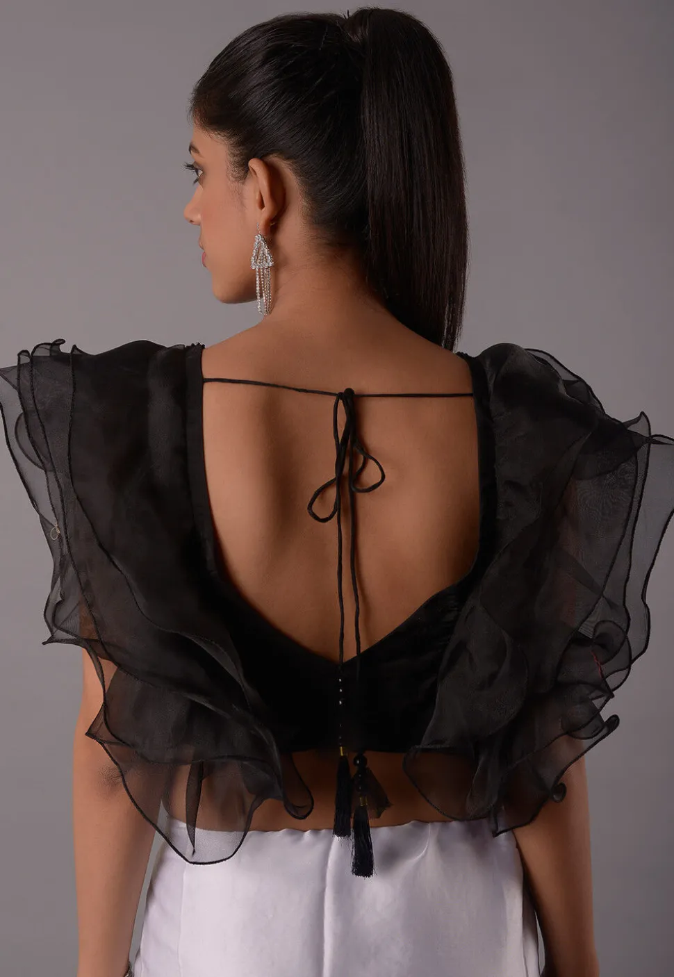 Embroidered Crepe and Organza Blouse in Black