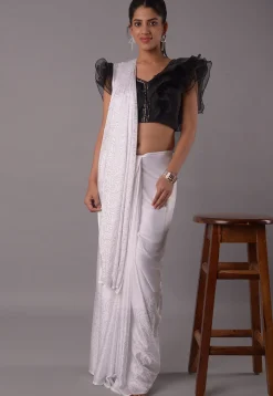 Embroidered Crepe and Organza Blouse in Black