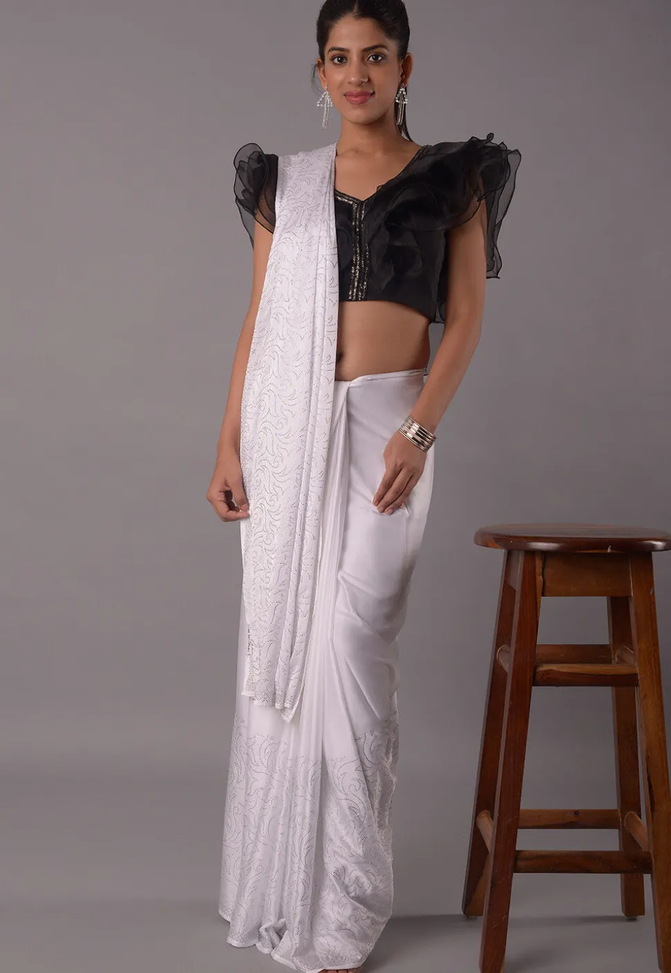 Embroidered Crepe and Organza Blouse in Black