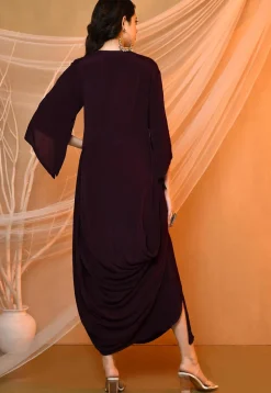 Embroidered Crepe Cowl Dress in Dark Wine