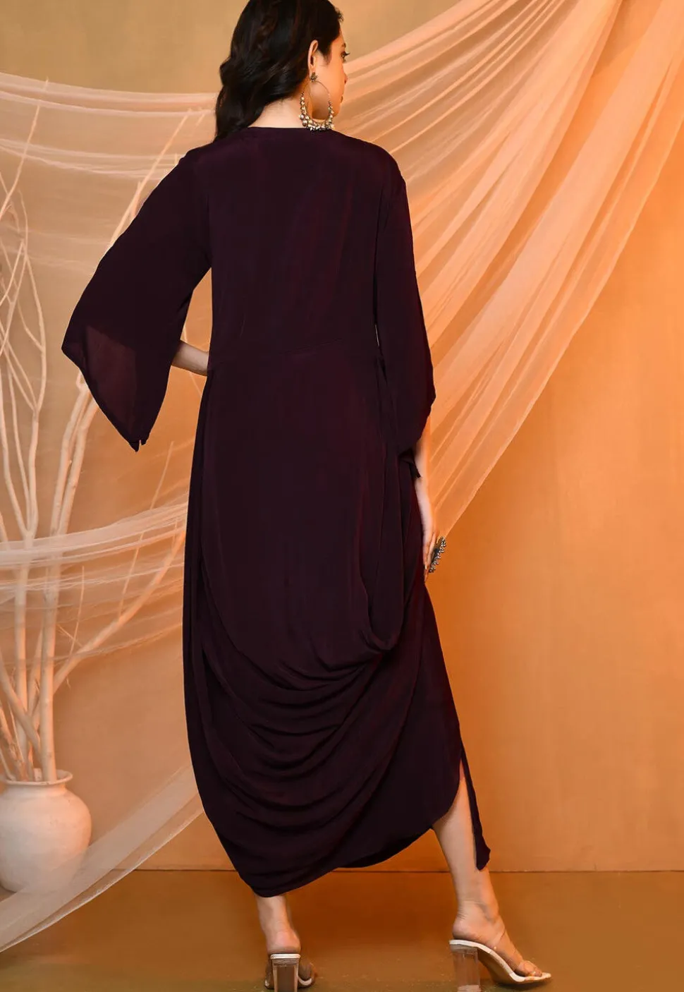 Embroidered Crepe Cowl Dress in Dark Wine