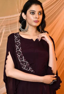 Embroidered Crepe Cowl Dress in Dark Wine