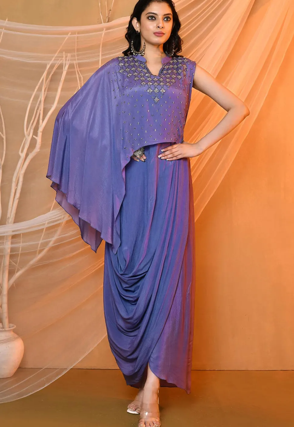 Embroidered Crepe Cowl Dress in Blue