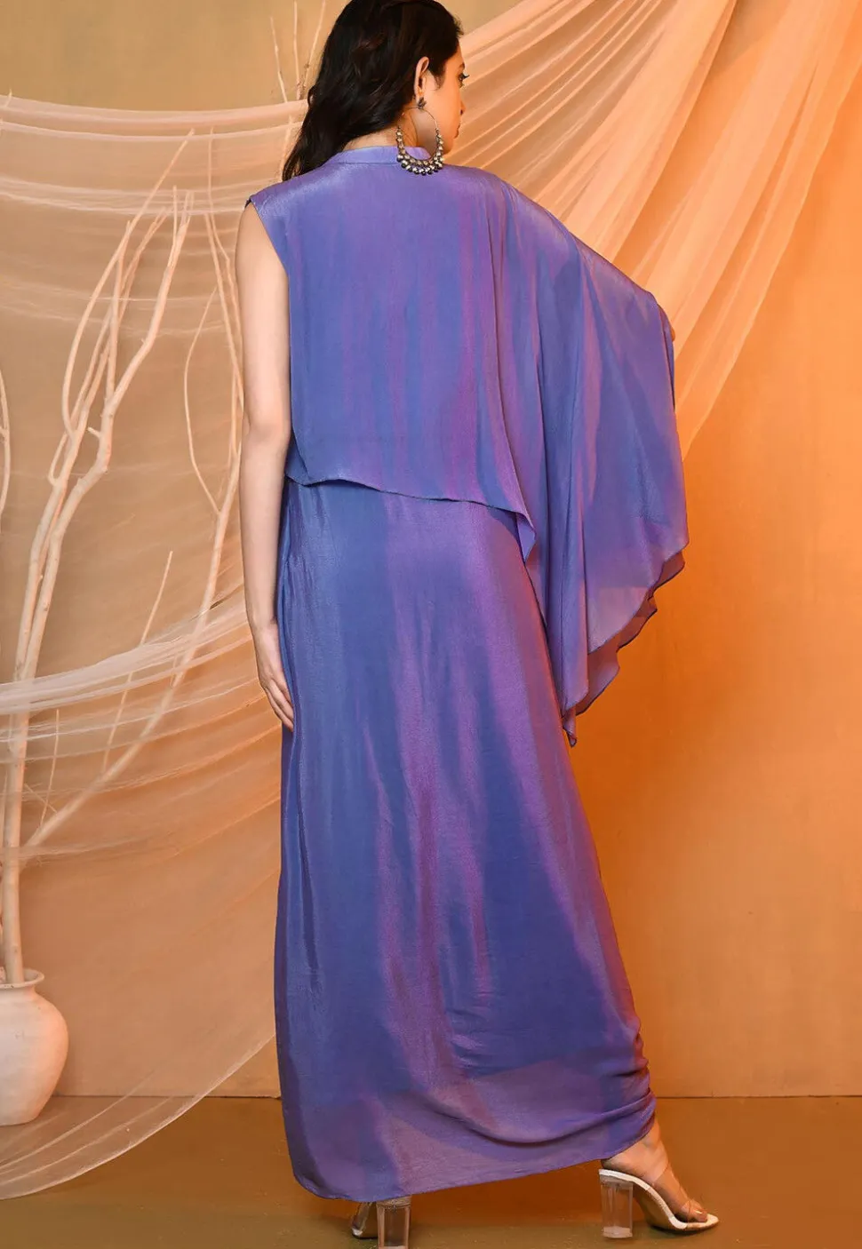 Embroidered Crepe Cowl Dress in Blue