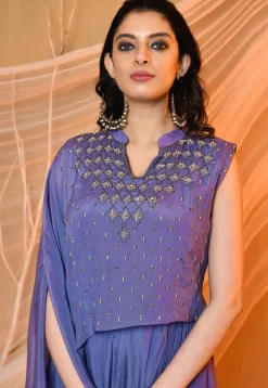 Embroidered Crepe Cowl Dress in Blue