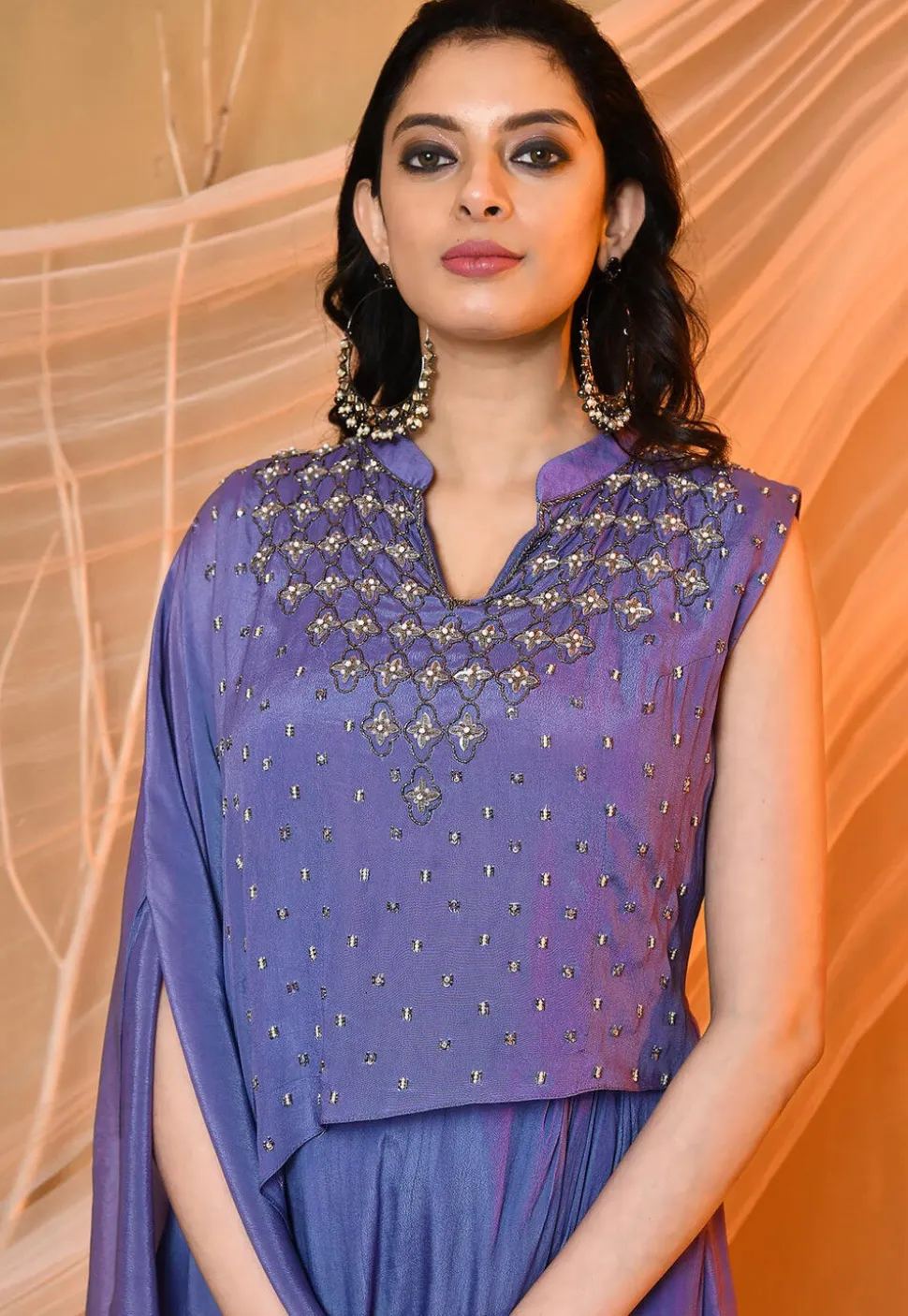 Embroidered Crepe Cowl Dress in Blue